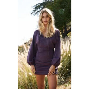 Free People Only One Ruched Tie Back Mini Purple Long Sleeve Dress Large NWT